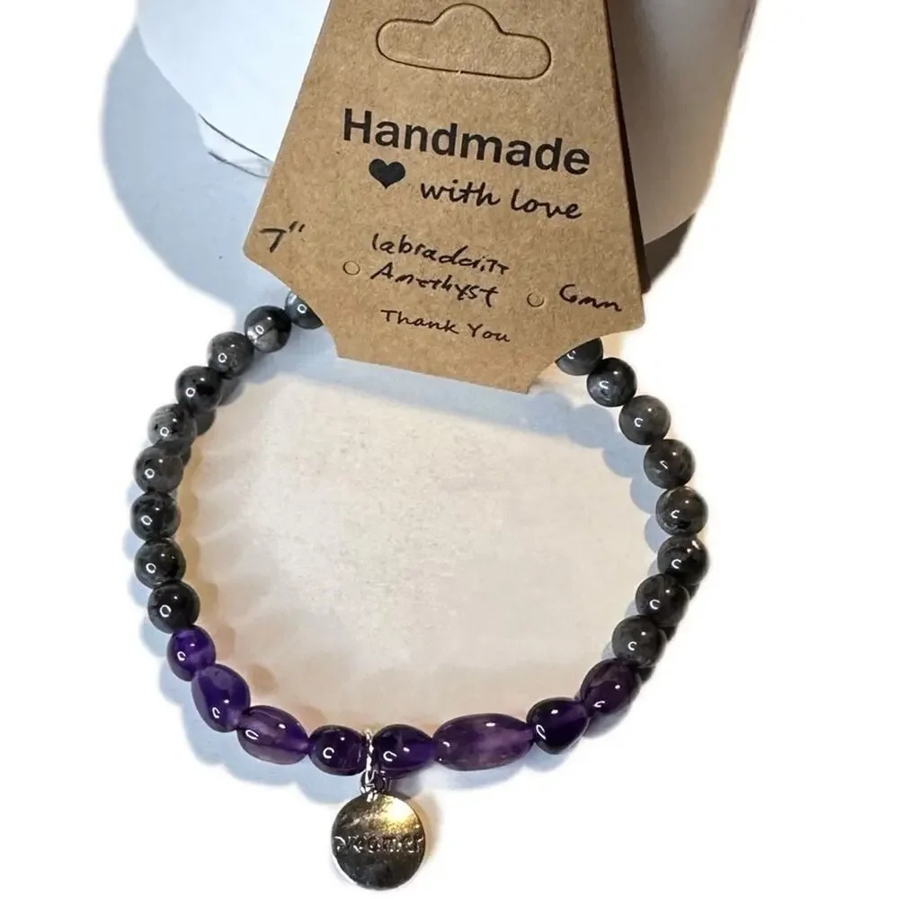Labradorite Amethyst stretch bracelet Dreamer charm beads gemstone 7 inch